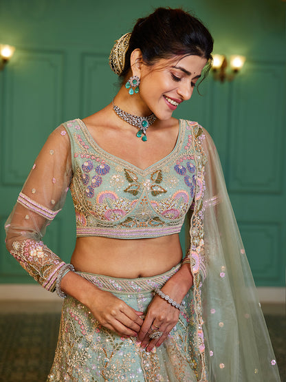 Lime Green net with Coding & Zarkan embroidery  Lehenga choli & Dupatta