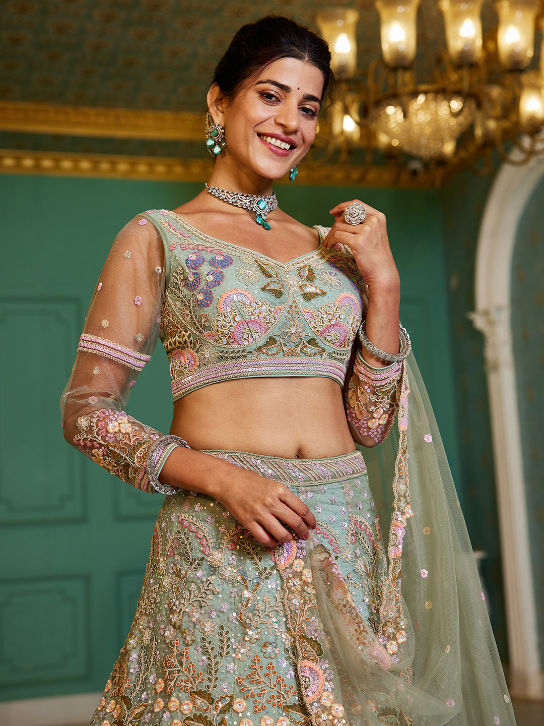 Lime Green net with Coding & Zarkan embroidery  Lehenga choli & Dupatta