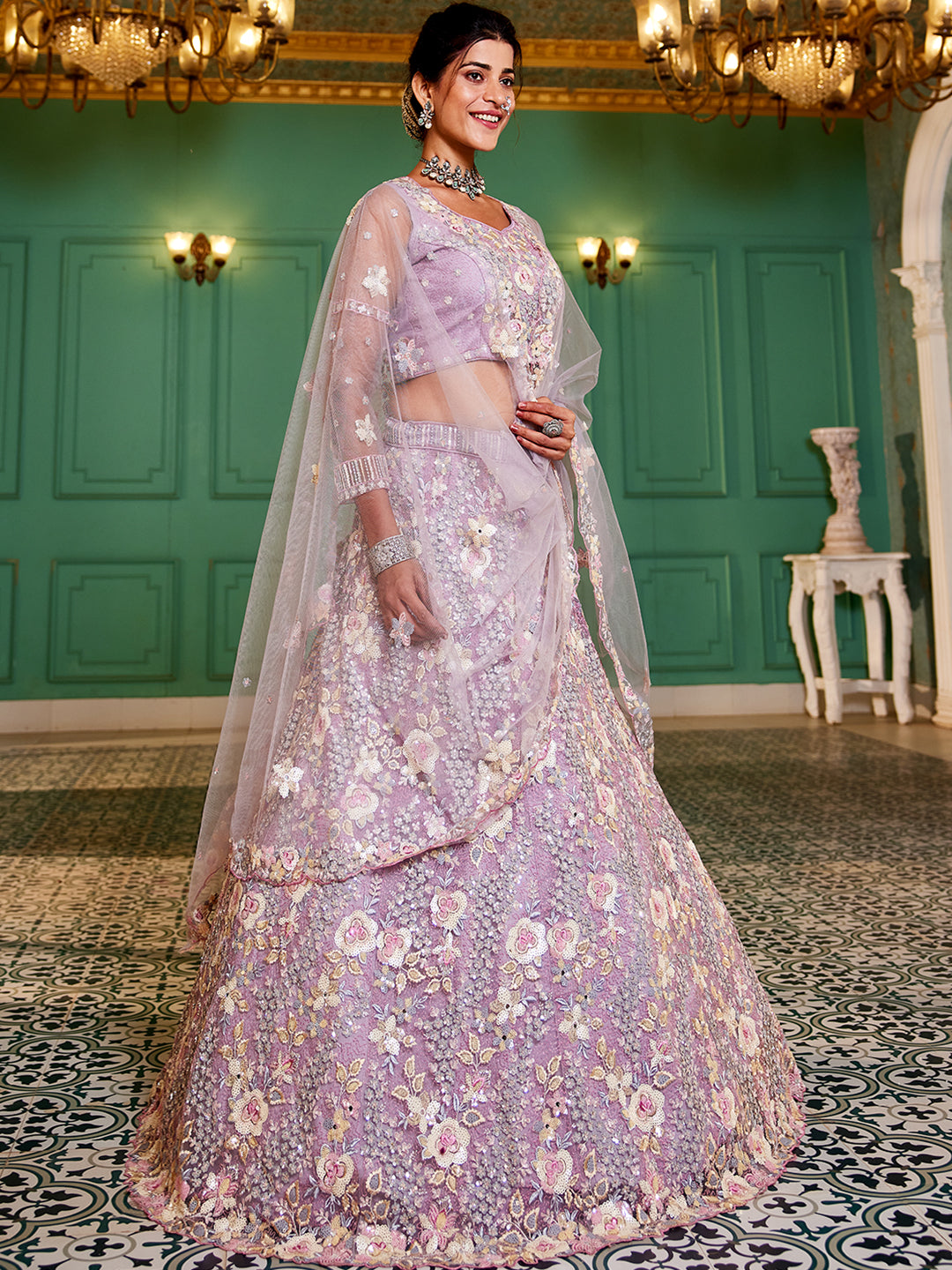 Mauve net with Sequinse & Zarkan embroidery  Lehenga choli & Dupatta