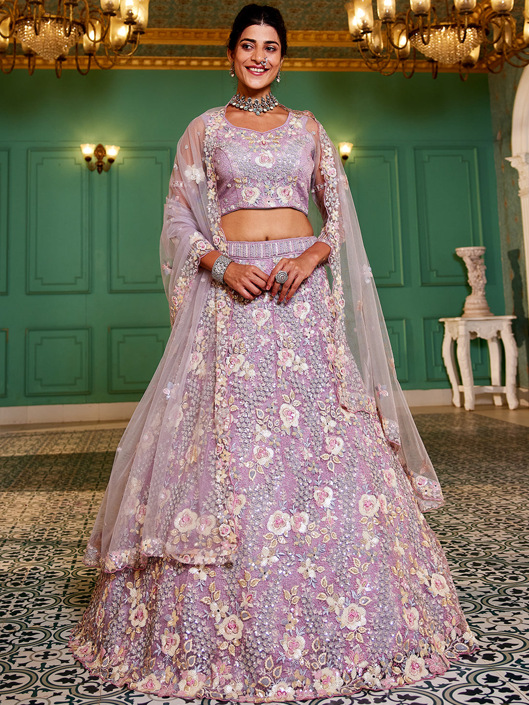 Mauve net with Sequinse & Zarkan embroidery  Lehenga choli & Dupatta