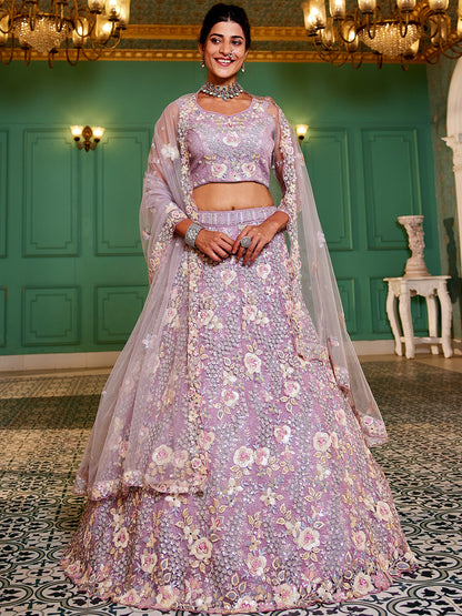 Mauve net with Sequinse & Zarkan embroidery  Lehenga choli & Dupatta