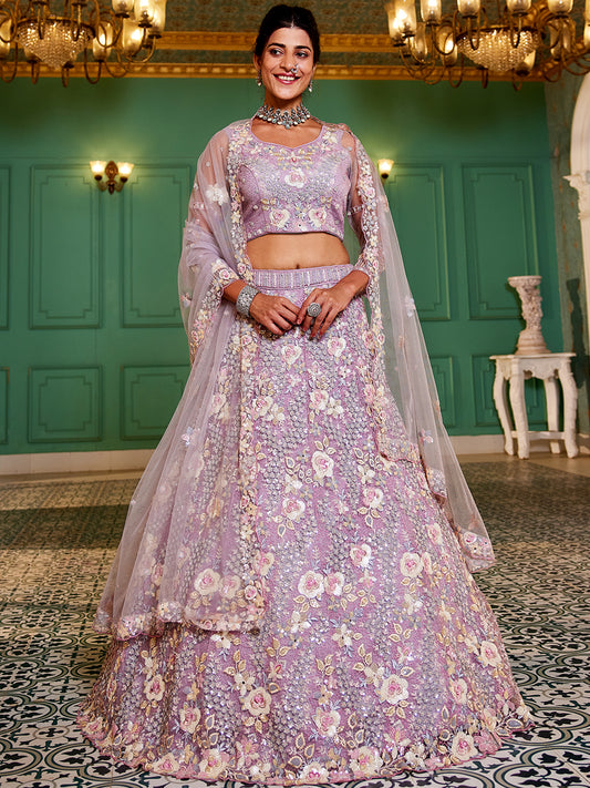 Mauve net with Sequinse & Zarkan embroidery  Lehenga choli & Dupatta