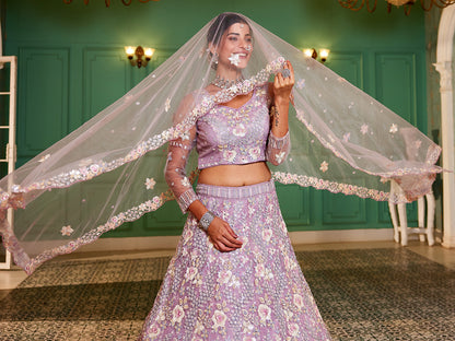 Mauve net with Sequinse & Zarkan embroidery  Lehenga choli & Dupatta
