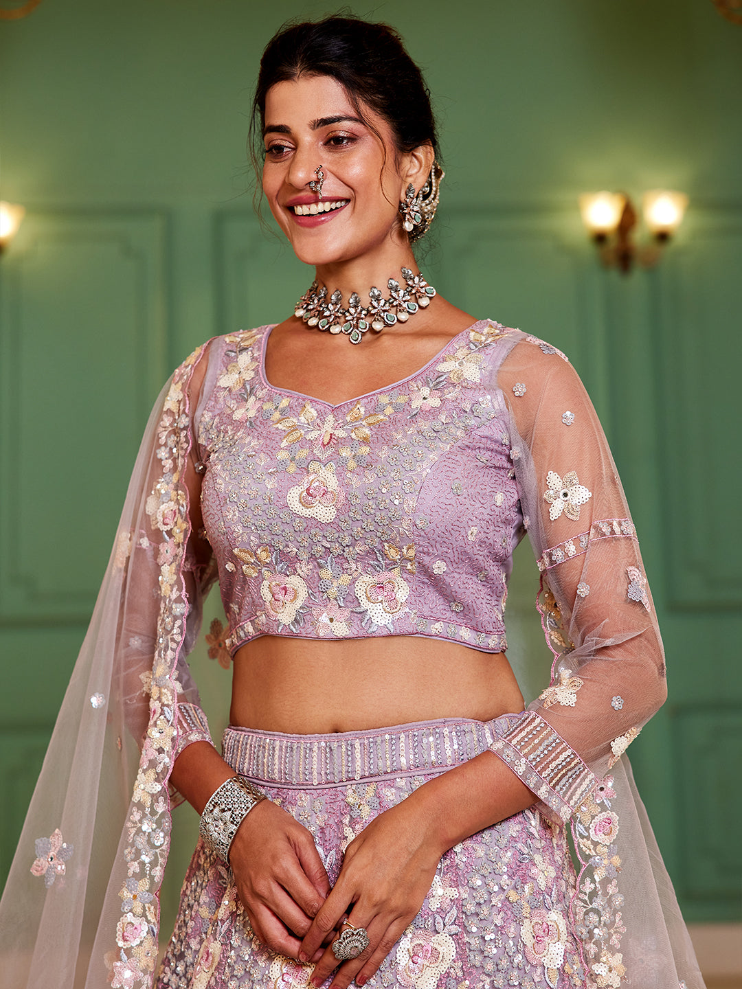 Mauve net with Sequinse & Zarkan embroidery  Lehenga choli & Dupatta