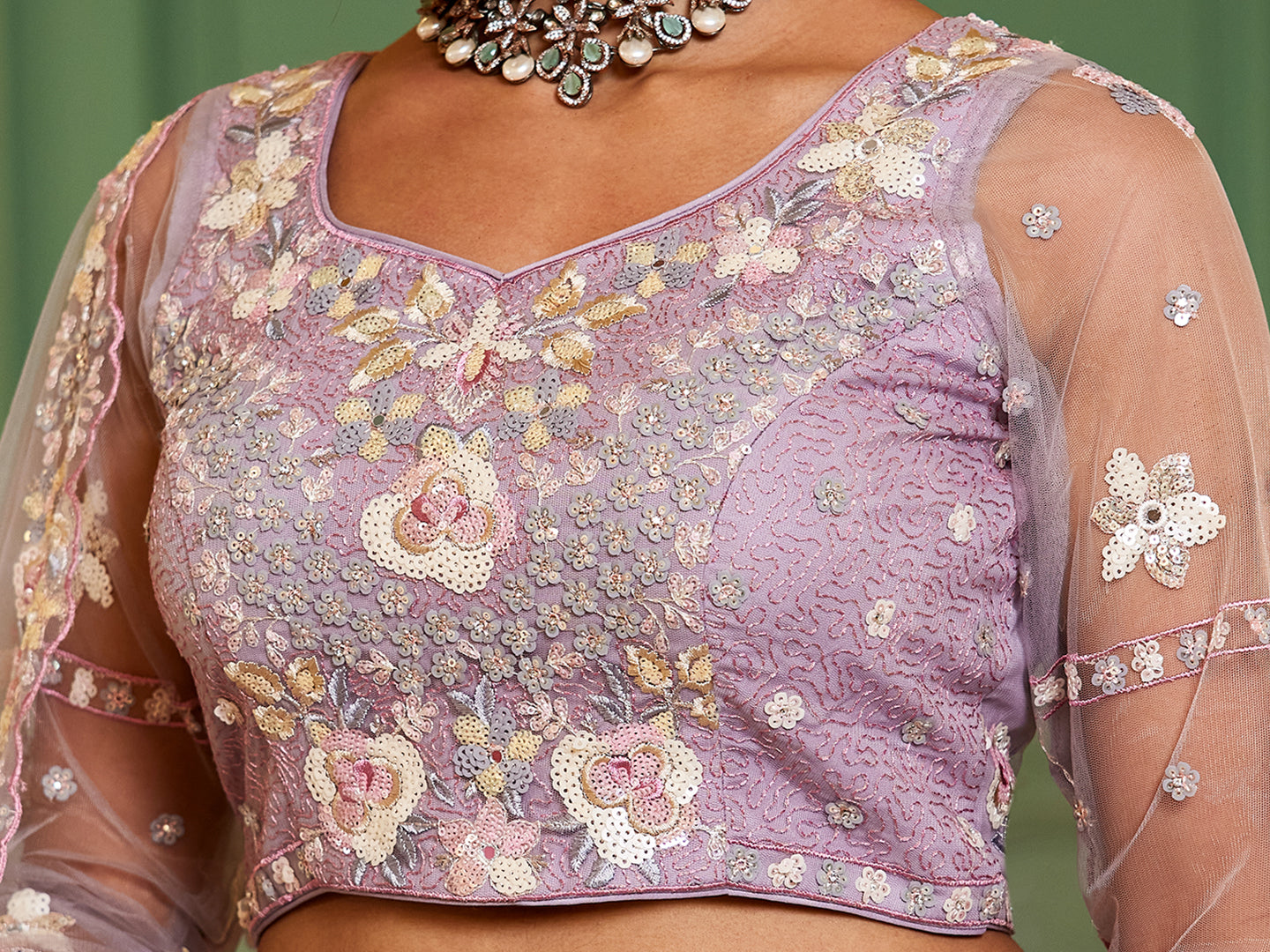 Mauve net with Sequinse & Zarkan embroidery  Lehenga choli & Dupatta