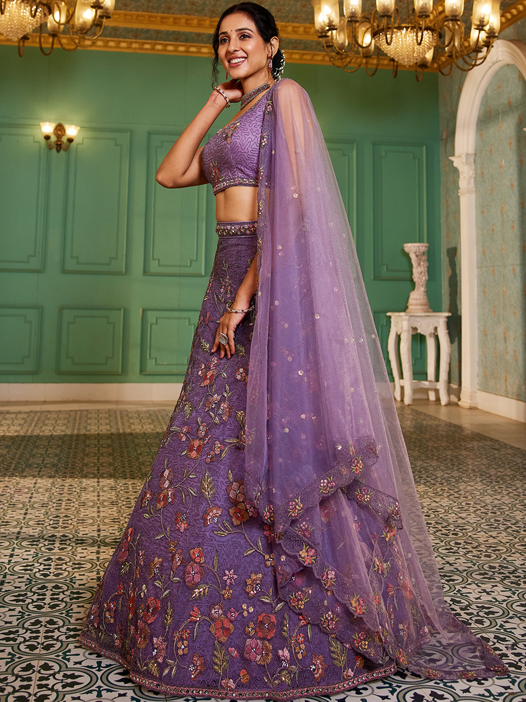 Purple net with Coding & Zarkan embroidery  Lehenga choli & Dupatta