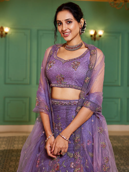 Purple net with Coding & Zarkan embroidery  Lehenga choli & Dupatta
