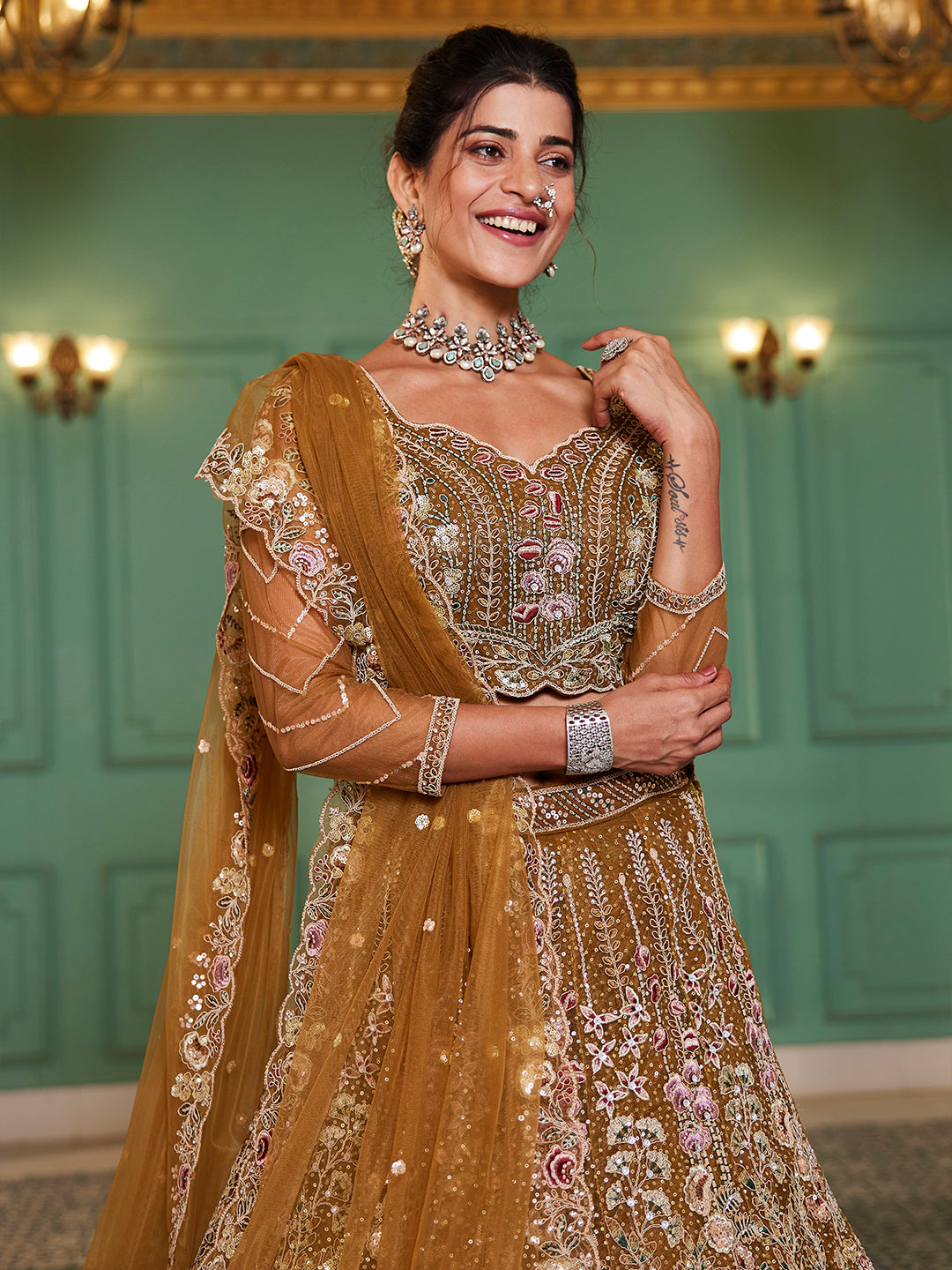 Mustard net and Coding & Zarkan embroidery  Lehenga choli & Dupatta