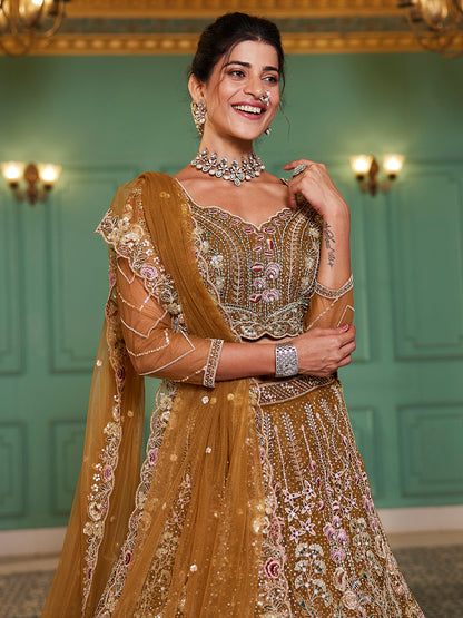 Mustard net and Coding & Zarkan embroidery  Lehenga choli & Dupatta
