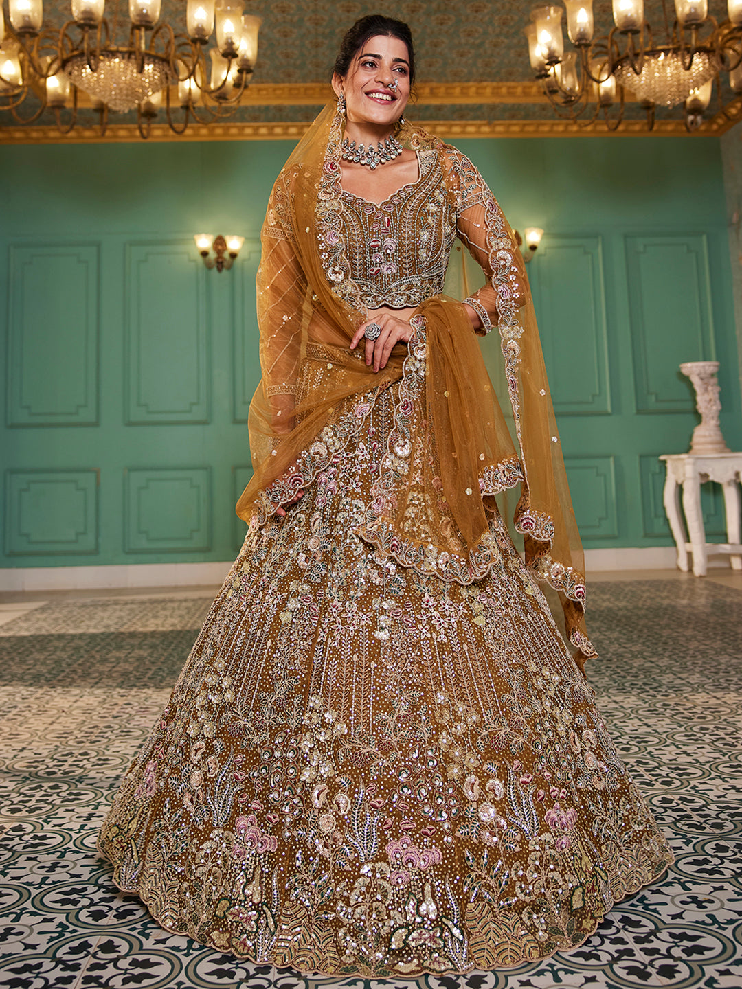 Mustard net and Coding & Zarkan embroidery  Lehenga choli & Dupatta