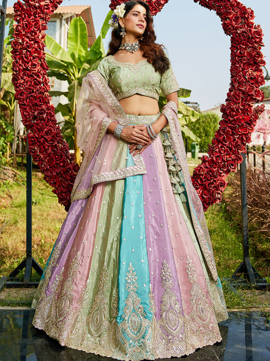 Multi colour Satin silk Fabric with Sequinse & Thread embroidery  Lehenga choli & Dupatta