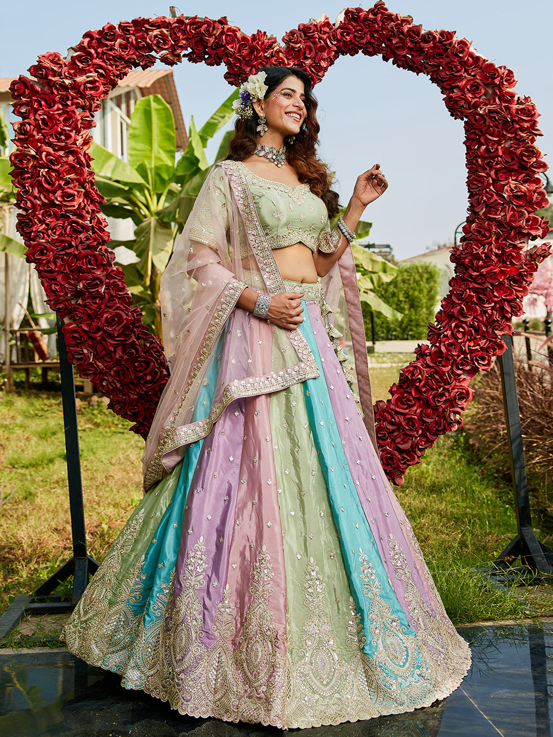 Multi colour Satin silk Fabric with Sequinse & Thread embroidery  Lehenga choli & Dupatta