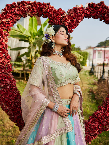 Multi colour Satin silk Fabric with Sequinse & Thread embroidery  Lehenga choli & Dupatta