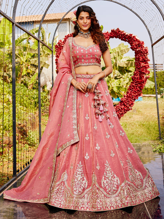 Pink colour Orange with Sequinse & Moti embroidery  Lehenga choli & Dupatta