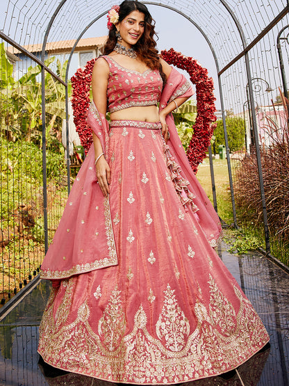Pink colour Orange with Sequinse & Moti embroidery  Lehenga choli & Dupatta