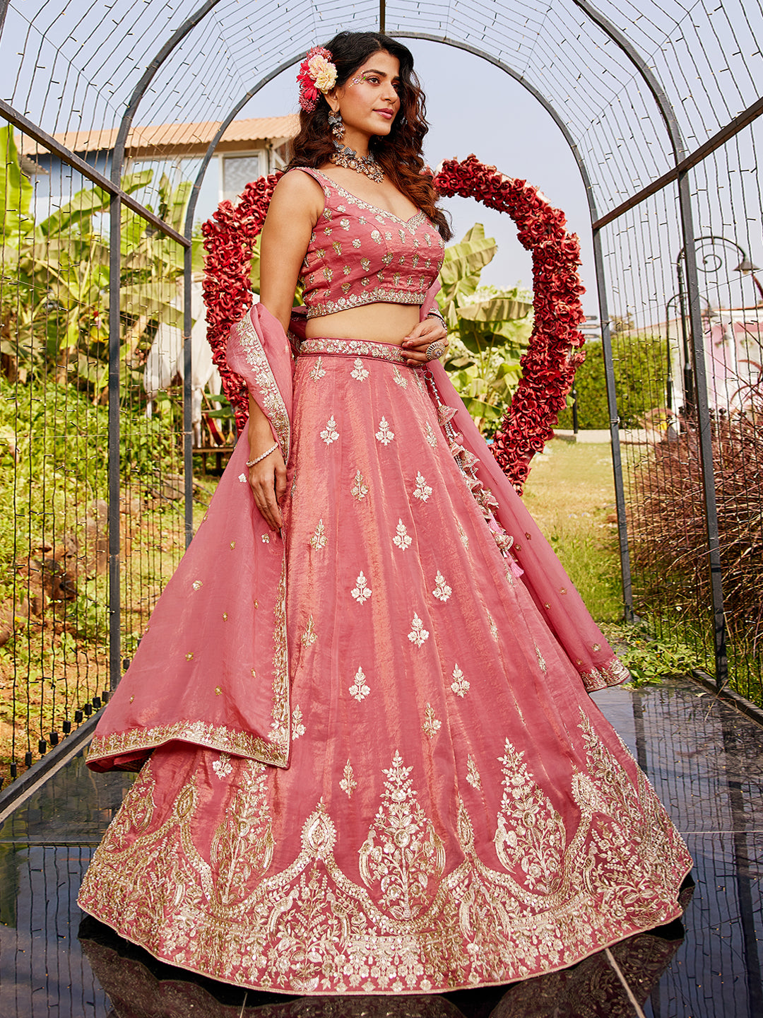 Pink colour Orange with Sequinse & Moti embroidery  Lehenga choli & Dupatta