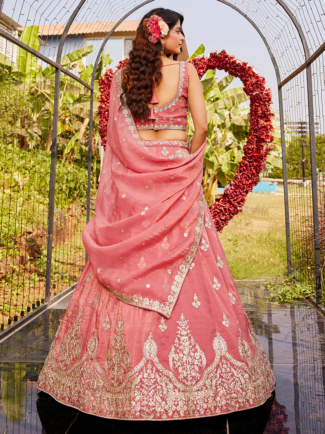 Pink colour Orange with Sequinse & Moti embroidery  Lehenga choli & Dupatta