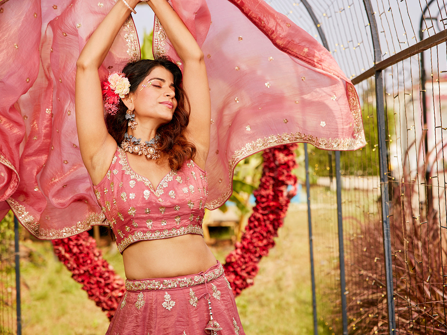 Pink colour Orange with Sequinse & Moti embroidery  Lehenga choli & Dupatta