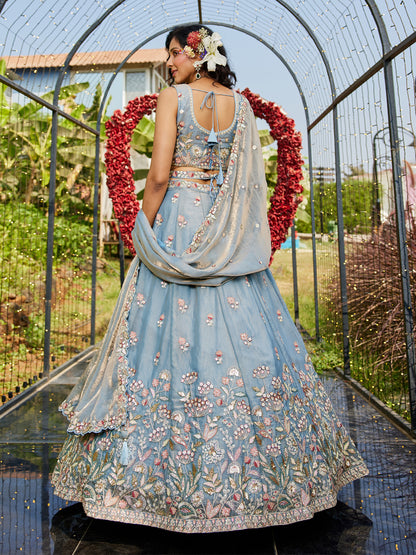 Blue colour Tissue Fabric with Sequinse & Thread embroidery  Lehenga choli & Dupatta