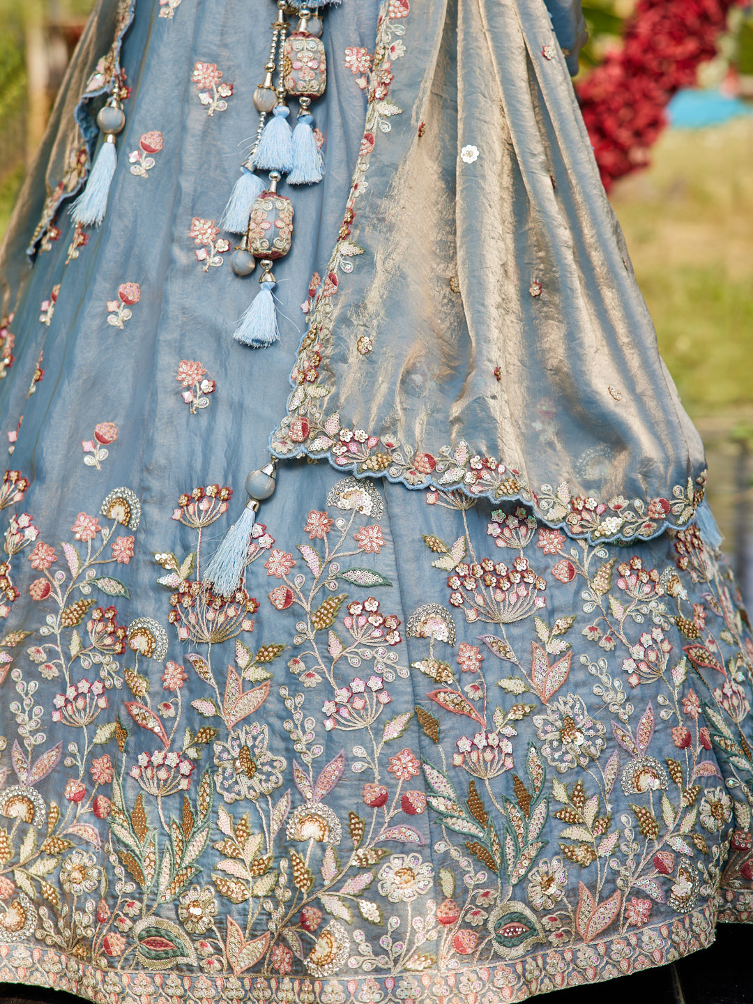 Blue colour Tissue Fabric with Sequinse & Thread embroidery  Lehenga choli & Dupatta