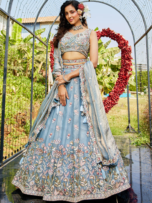 Blue colour Tissue Fabric with Sequinse & Thread embroidery  Lehenga choli & Dupatta