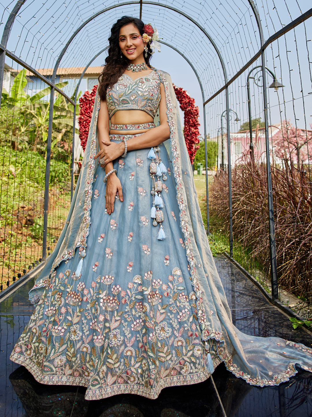 Blue colour Tissue Fabric with Sequinse & Thread embroidery  Lehenga choli & Dupatta