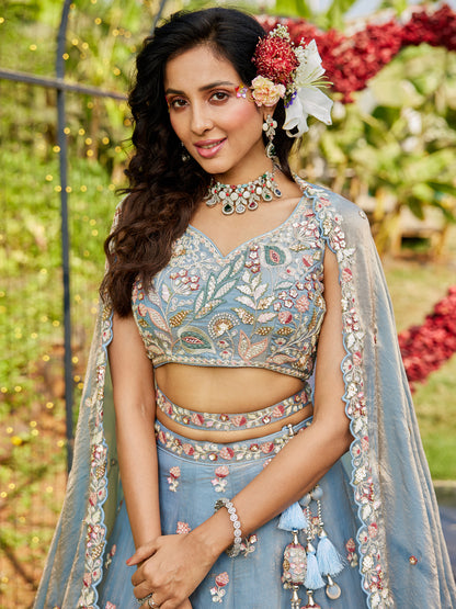 Blue colour Tissue Fabric with Sequinse & Thread embroidery  Lehenga choli & Dupatta