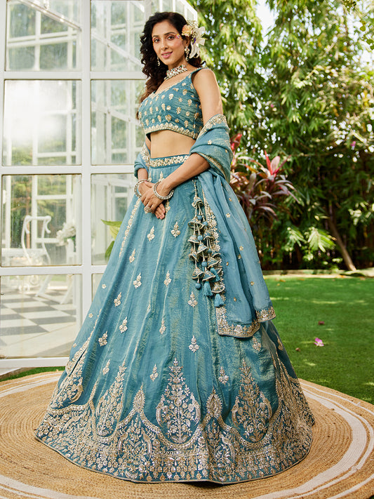 Green colour Orange with Sequinse & Moti embroidery  Lehenga choli & Dupatta