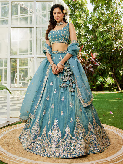 Green colour Orange with Sequinse & Moti embroidery  Lehenga choli & Dupatta
