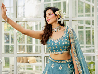 Green colour Orange with Sequinse & Moti embroidery  Lehenga choli & Dupatta