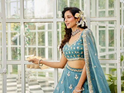 Green colour Orange with Sequinse & Moti embroidery  Lehenga choli & Dupatta