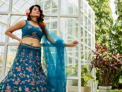 Navy blue net with Coding & Zarkan embroidery  Lehenga choli & Dupatta