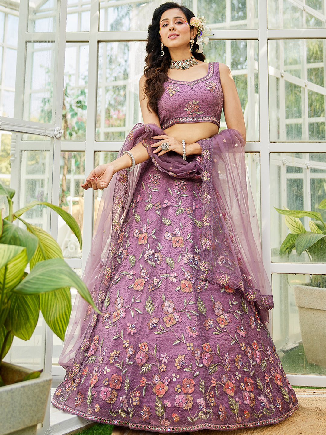 Lavender net with Coding & Zarkan embroidery  Lehenga choli & Dupatta