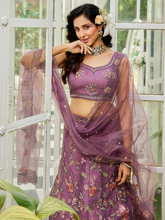 Lavender net with Coding & Zarkan embroidery  Lehenga choli & Dupatta