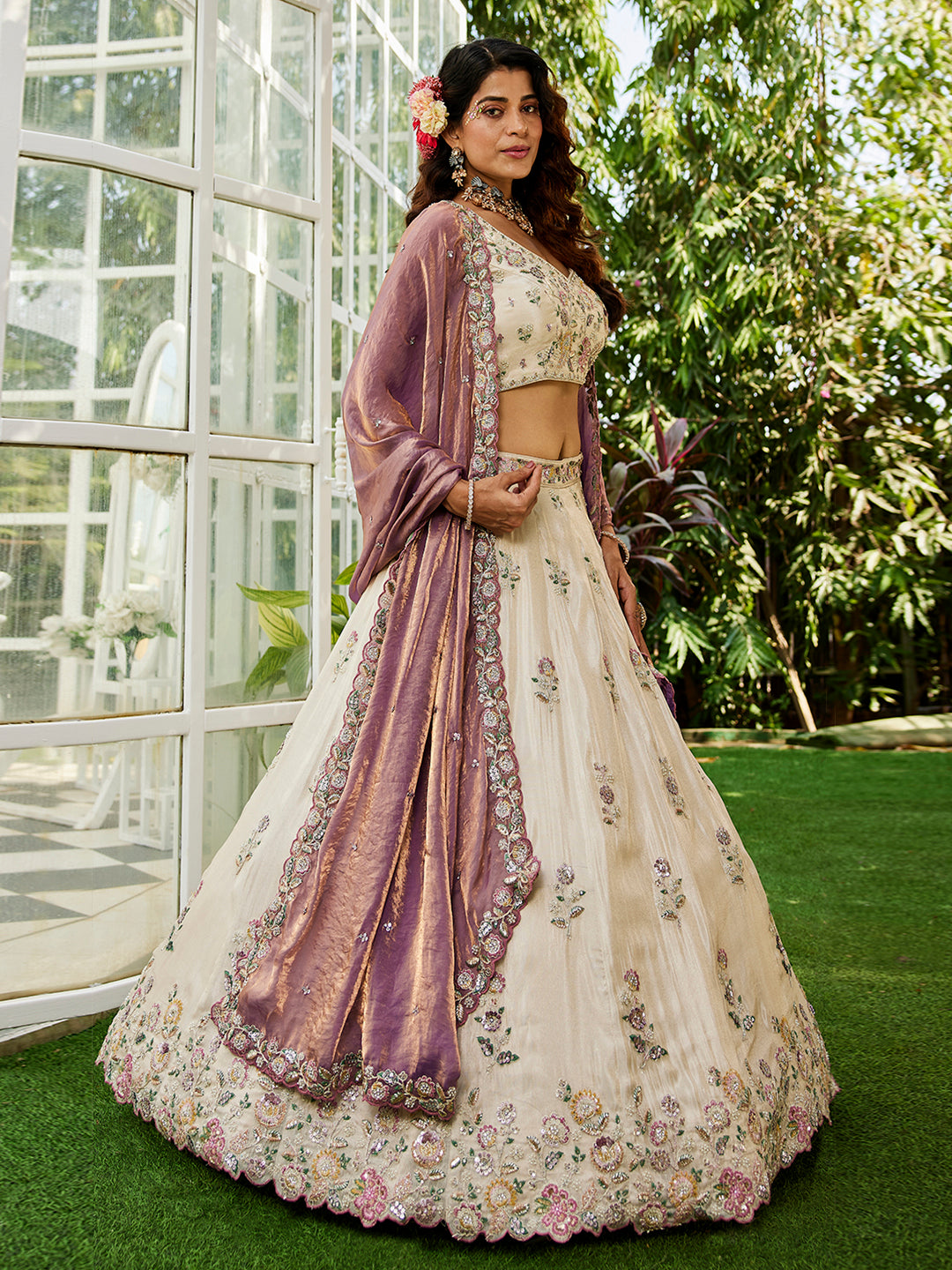 Women's Cream colour tissue Fabric with Sequinse & Thread embroidery Lehenga choli & Dupatta