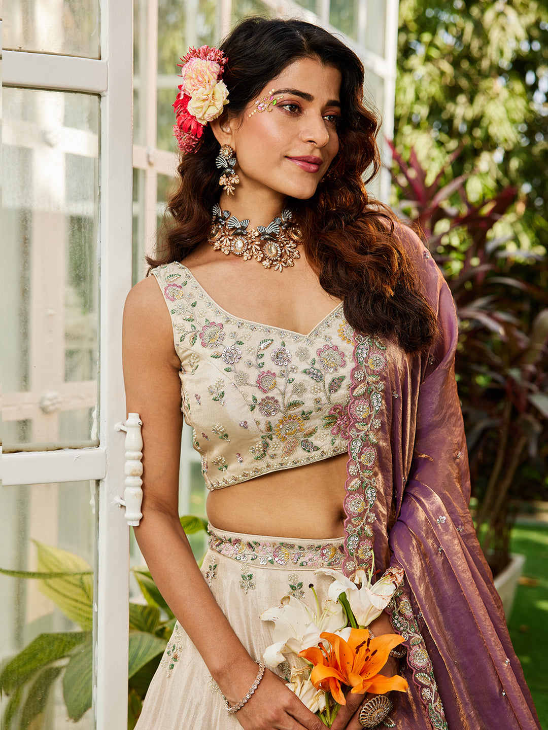 Women's Cream colour tissue Fabric with Sequinse & Thread embroidery Lehenga choli & Dupatta