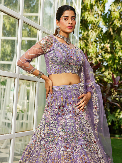 Mauve net and Coding & Zarkan embroidery  Lehenga choli & Dupatta