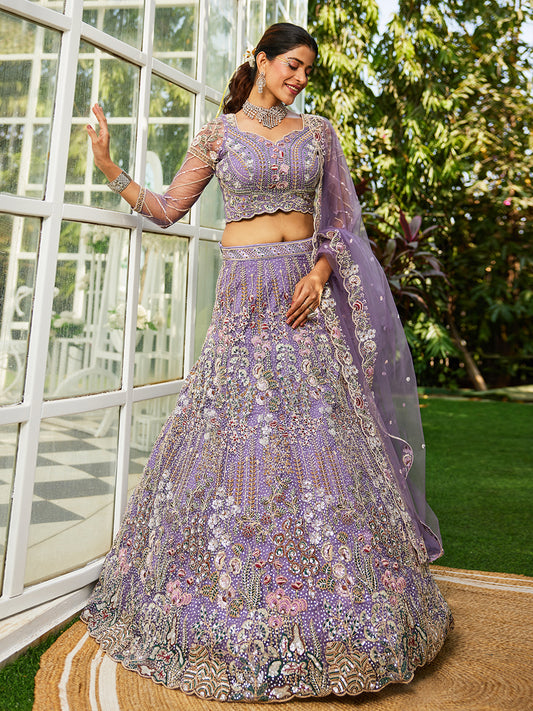 Mauve net and Coding & Zarkan embroidery  Lehenga choli & Dupatta