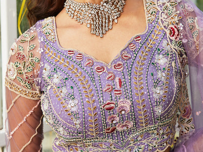 Mauve net and Coding & Zarkan embroidery  Lehenga choli & Dupatta