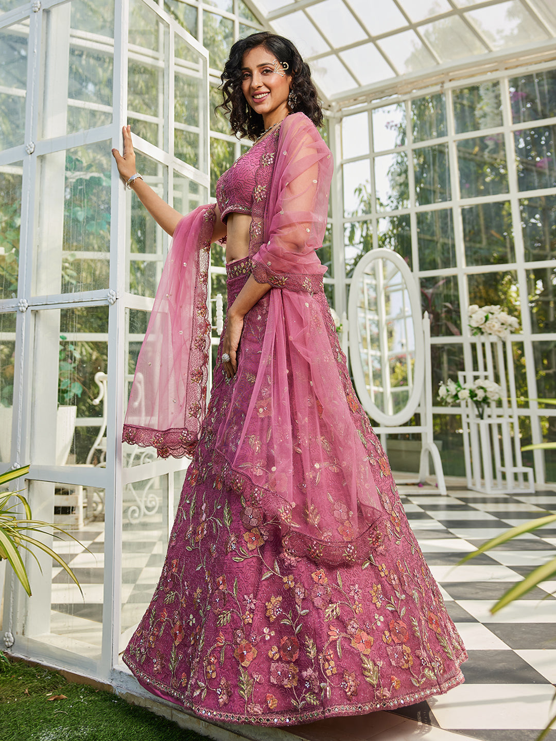 Pink net with Coding & Zarkan embroidery  Lehenga choli & Dupatta