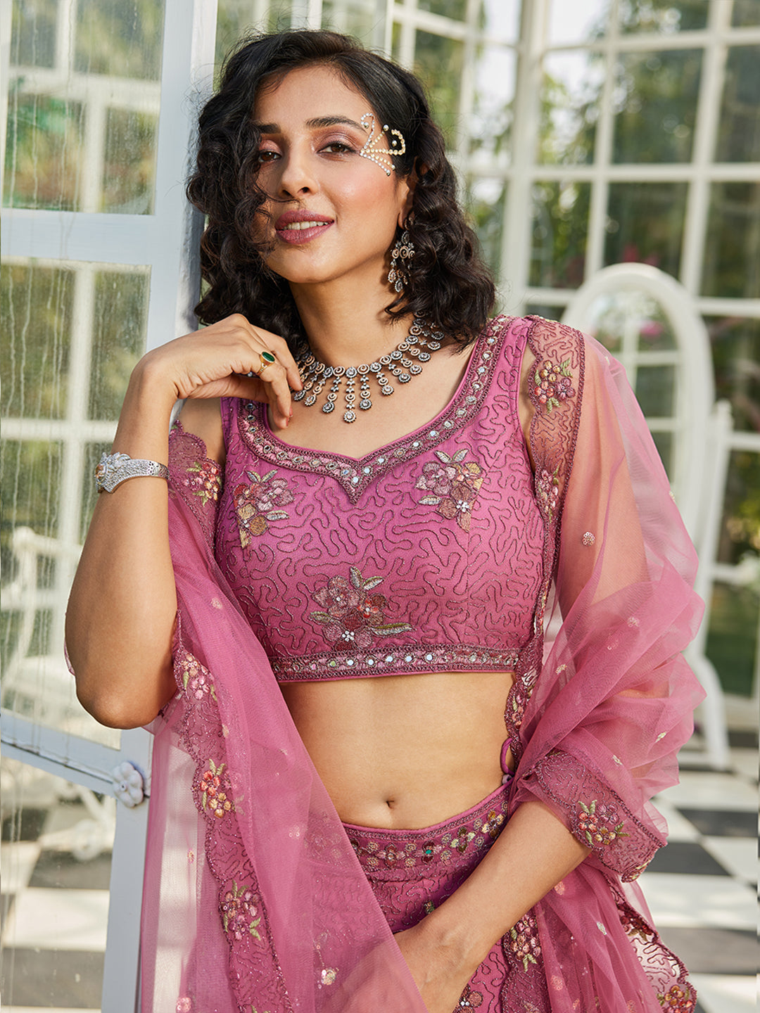 Pink net with Coding & Zarkan embroidery  Lehenga choli & Dupatta