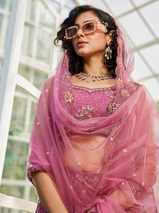 Pink net with Coding & Zarkan embroidery  Lehenga choli & Dupatta