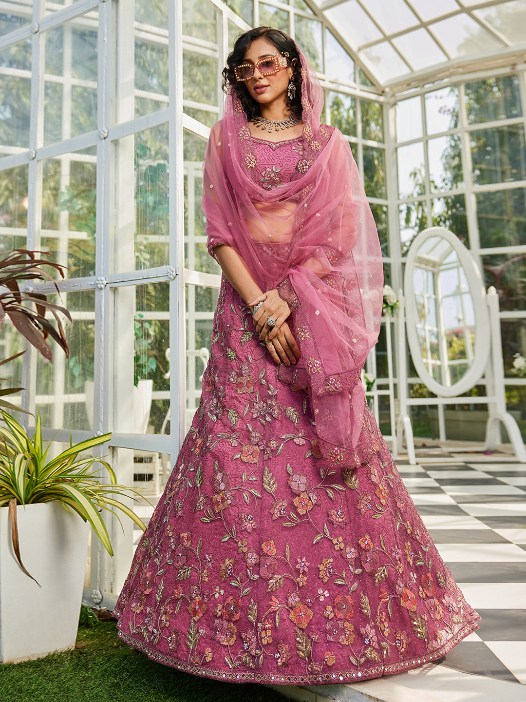 Pink net with Coding & Zarkan embroidery  Lehenga choli & Dupatta