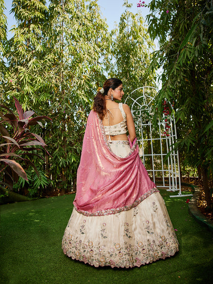 Women's Cream colour tissue Fabric with Sequinse & Thread embroidery Lehenga choli & Dupatta