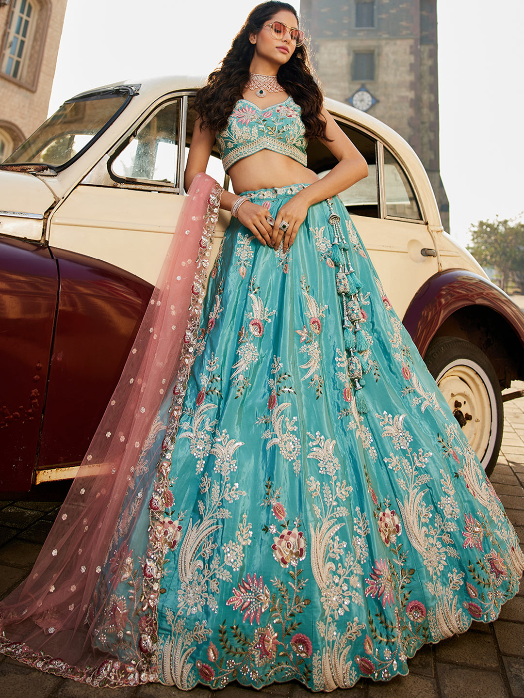 Women's Turquoise blue Satin Silk Sequins embroidery Lehenga choli & Dupatta