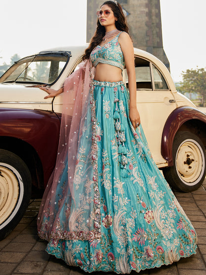 Women's Turquoise blue Satin Silk Sequins embroidery Lehenga choli & Dupatta
