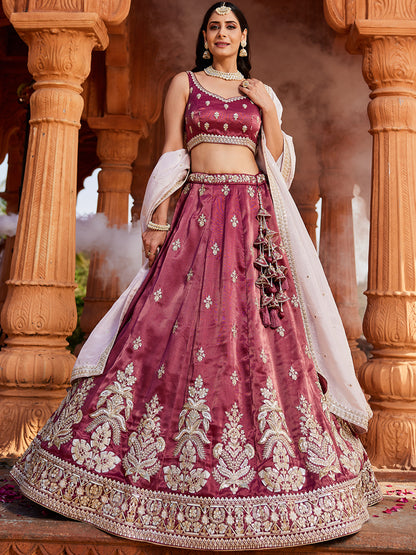 Women's Burgundy Tissue Sequinse embroidery Lehenga choli & Dupatta