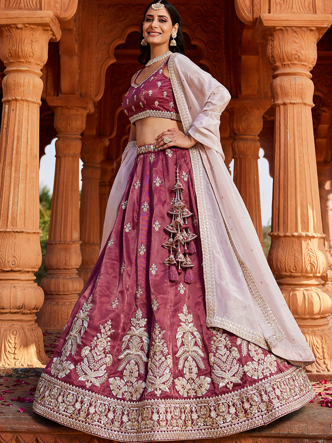 Women's Burgundy Tissue Sequinse embroidery Lehenga choli & Dupatta