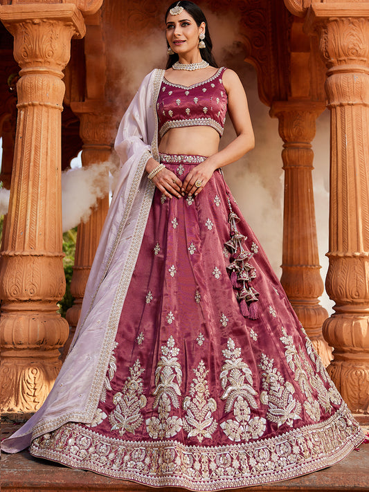Women's Burgundy Tissue Sequinse embroidery Lehenga choli & Dupatta