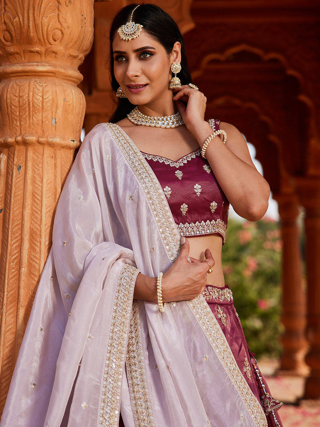 Women's Burgundy Tissue Sequinse embroidery Lehenga choli & Dupatta